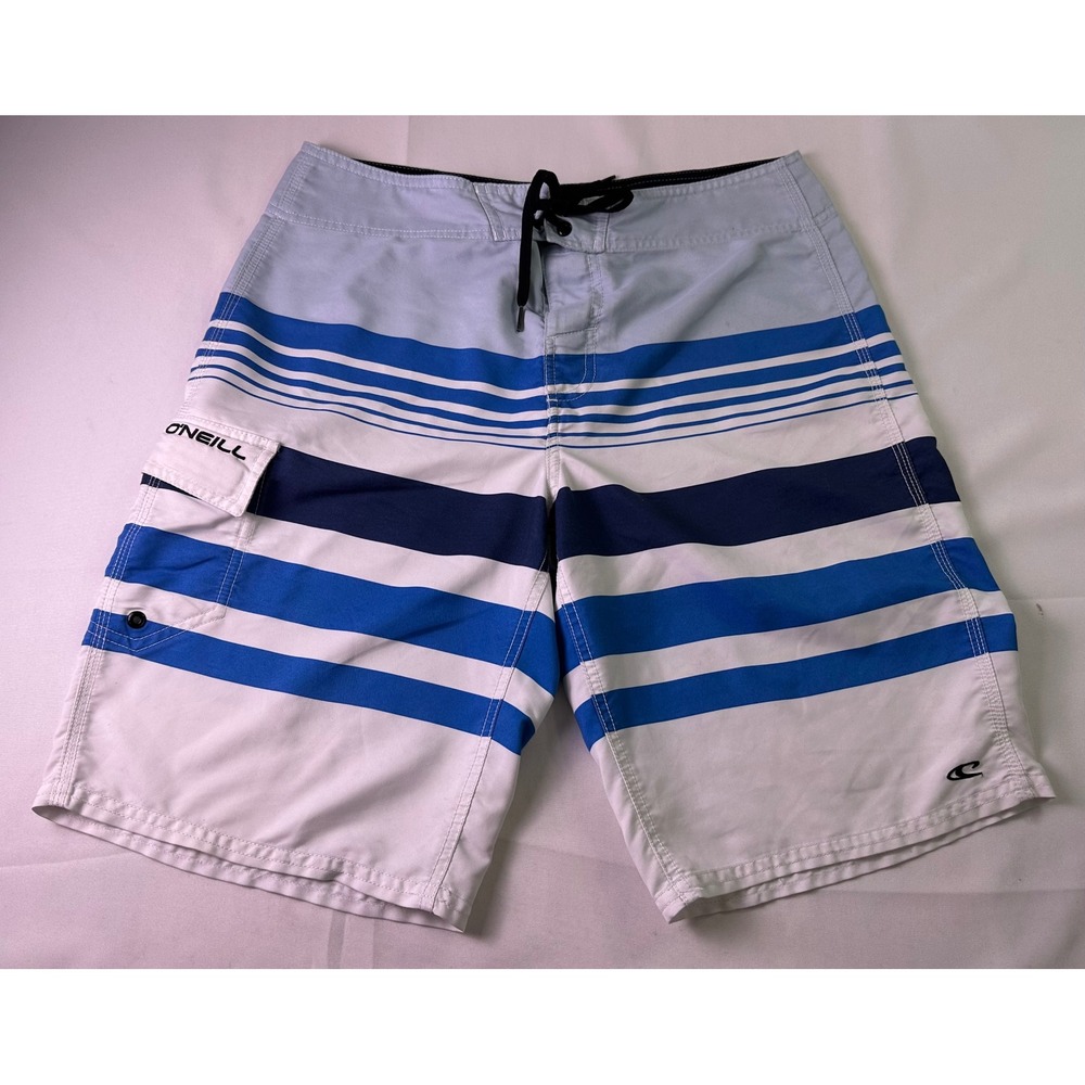 O'Neill Mens Sz 32 Board Shorts Blue White Striped Surf Swim Trunks Cargo Pocket